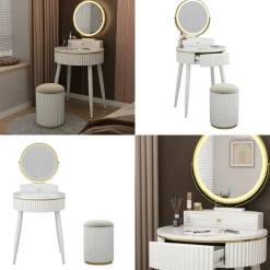 Vicco Frisiertisch Weiß Gesa 60x133x40 cm - LED-Spiegel, Runder Spiegel – gleichmäßige Ausleuchtung und klare Sicht