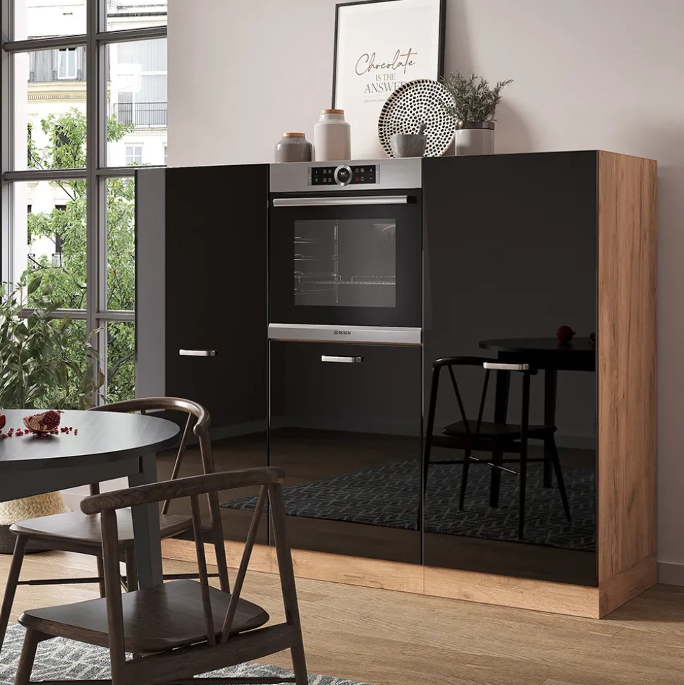 Vicco Küchenblock "R-Line", Schwarz Hochglanz/Goldkraft Eiche, 180 cm ohne Arbeitsplatte