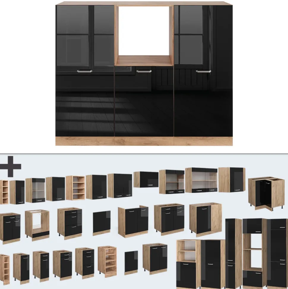 Vicco Küchenblock "R-Line", Schwarz Hochglanz/Goldkraft Eiche, 180 cm ohne Arbeitsplatte