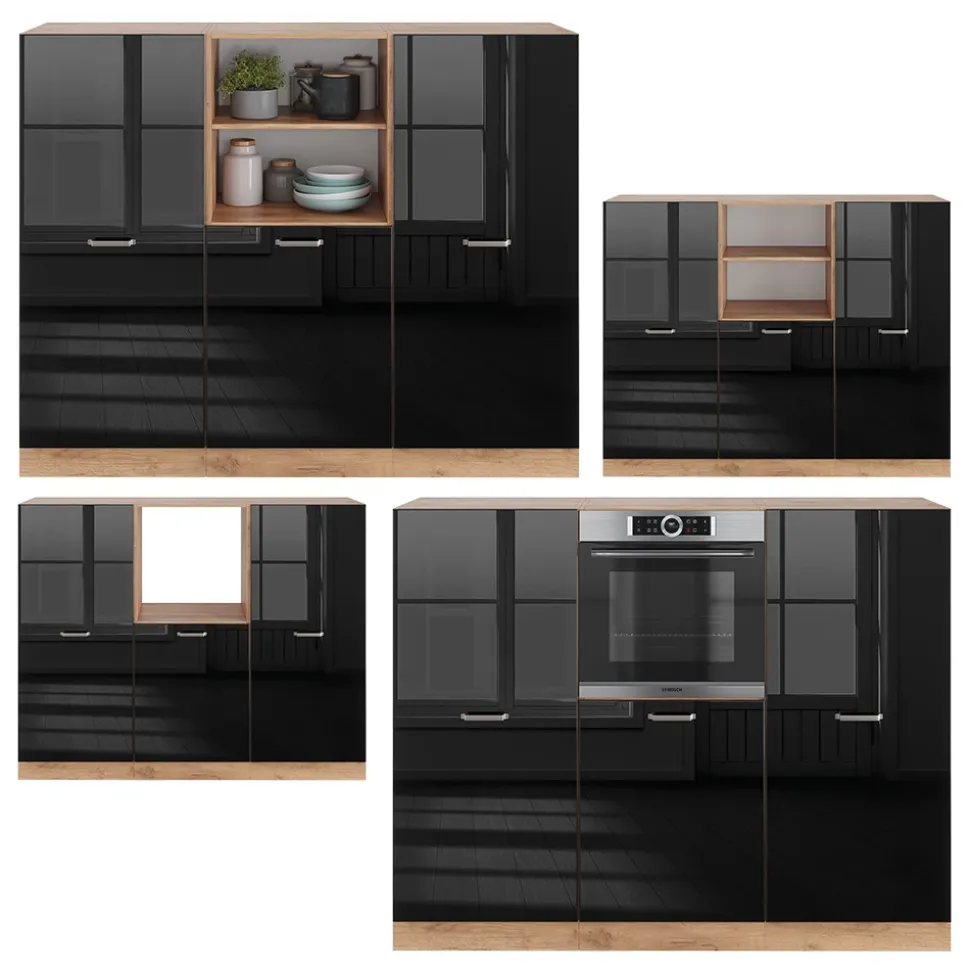 Vicco Küchenblock "R-Line", Schwarz Hochglanz/Goldkraft Eiche, 180 cm ohne Arbeitsplatte