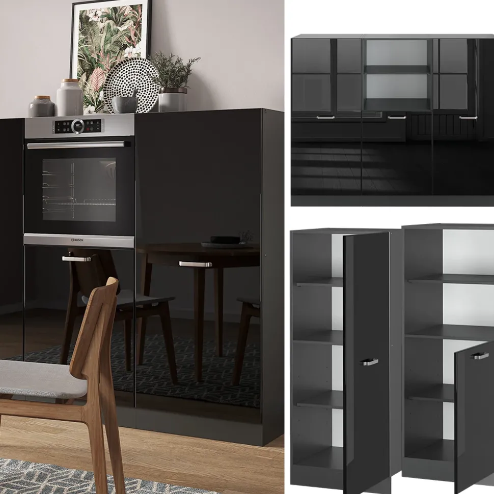 Vicco Küchenblock "R-Line", Schwarz Hochglanz/Anthrazit, 180 cm ohne Arbeitsplatte