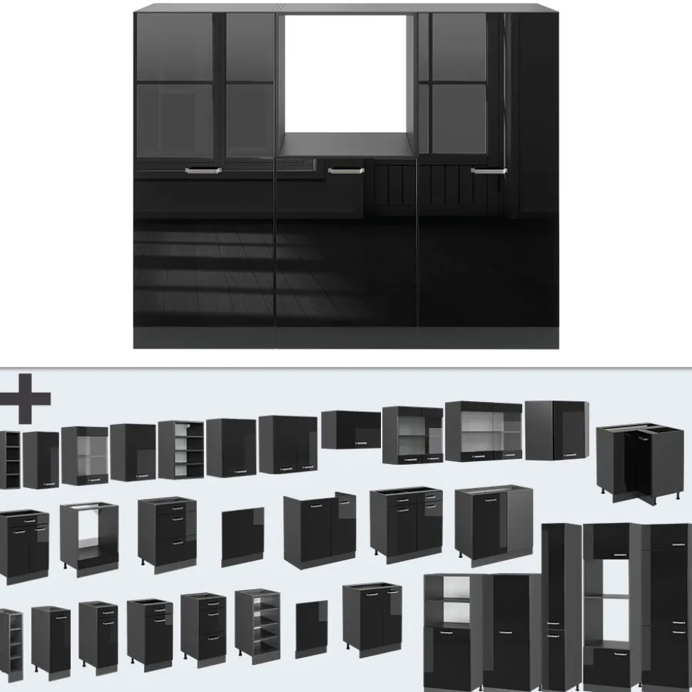 Vicco Küchenblock "R-Line", Schwarz Hochglanz/Anthrazit, 180 cm ohne Arbeitsplatte