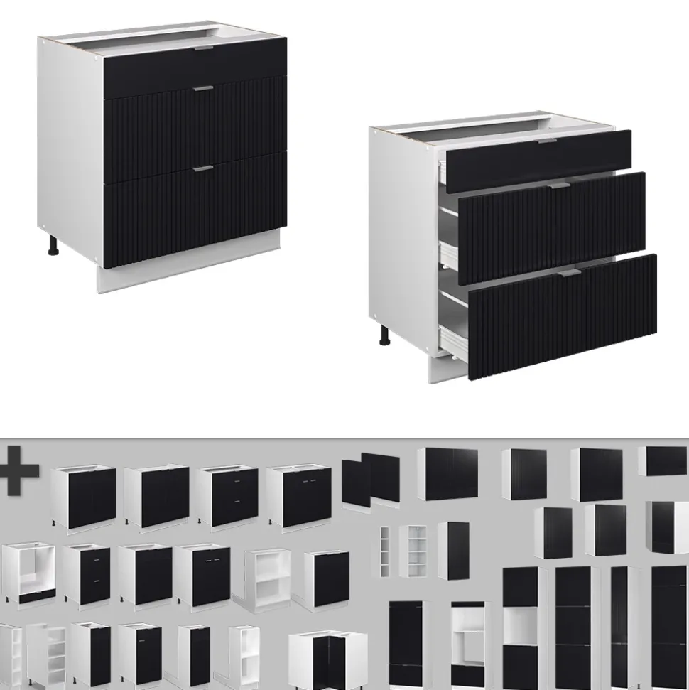 Vicco Küchenunterschrank "Fame-Line", Schwarz gestreift, 80 cm mit 3 Schubladen, AP Anthrazit