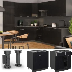 Vicco Küchenunterschrank "Fame-Line", Schwarz gestreift, 80 cm , AP Marmor