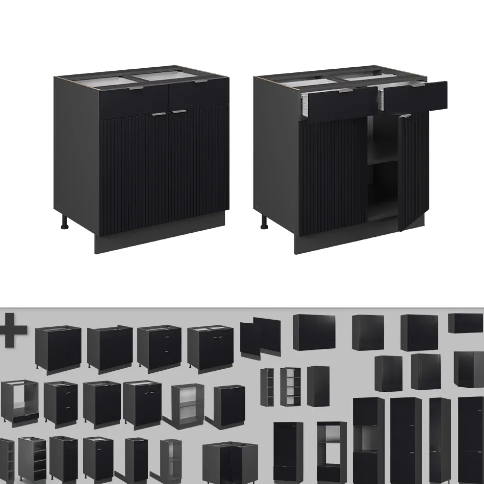 Vicco Küchenunterschrank "Fame-Line", Schwarz gestreift, 80 cm , AP Marmor