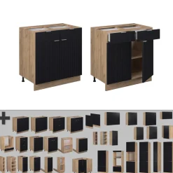 Vicco Küchenunterschrank Fame-Line, Schubladenschrank für die Küche, Schwarz gestreift, 80 cm, AP Eiche