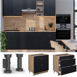 Vicco Küchenunterschrank "Fame-Line", Schwarz gestreift, 80 cm mit 3 Schubladen, AP Anthrazit