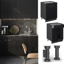 Vicco Küchenunterschrank "Fame-Line", Schwarz gestreift, 60 cm mit Schublade, AP Marmor