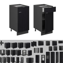 Vicco Küchenunterschrank Fame-Line, Schubladenschrank für die Küche, Schwarz gestreift, 40 cm, AP Eiche