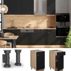 Vicco Küchenunterschrank Fame-Line, Schubladenschrank für die Küche, Schwarz gestreift, 40 cm, AP Eiche