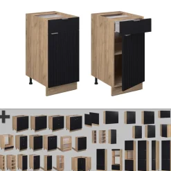 Vicco Küchenunterschrank Fame-Line, Schubladenschrank für die Küche, Schwarz gestreift, 40 cm, AP Eiche