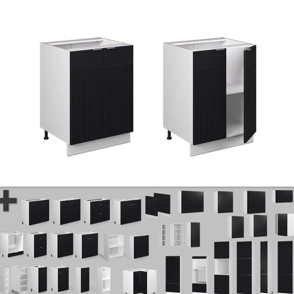 Vicco Küchenunterschrank "Fame-Line", Schwarz gestreift, 60 cm ohne Arbeitsplatte