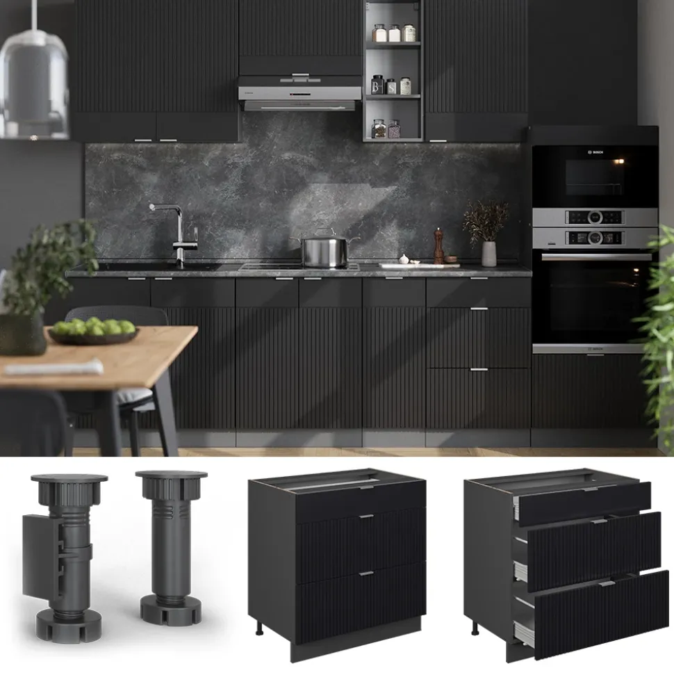 Vicco Küchenunterschrank "Fame-Line", Schwarz gestreift, 80 cm mit 3 Schubladen, AP Eiche