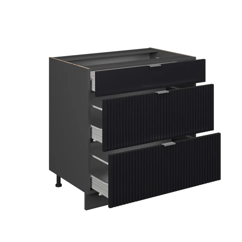 Vicco Küchenunterschrank "Fame-Line", Schwarz gestreift, 80 cm mit 3 Schubladen, AP Eiche