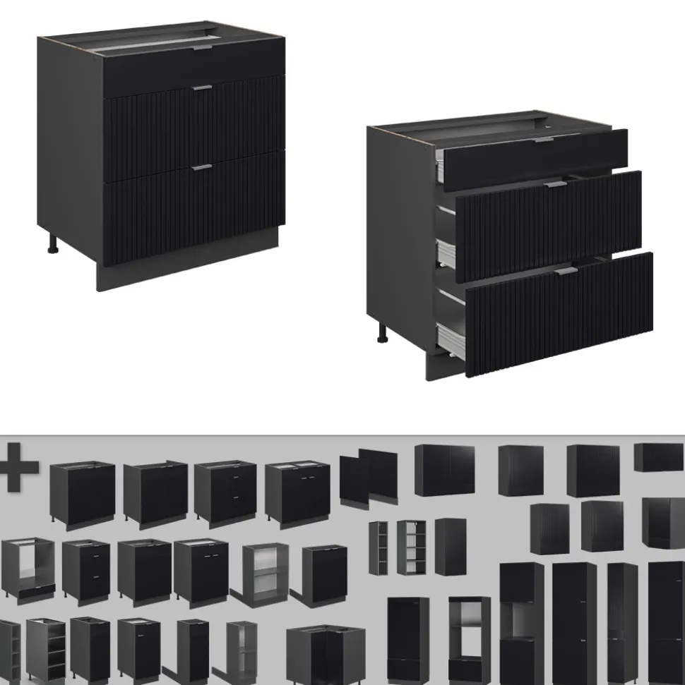 Vicco Küchenunterschrank "Fame-Line", Schwarz gestreift, 80 cm mit 3 Schubladen, AP Eiche