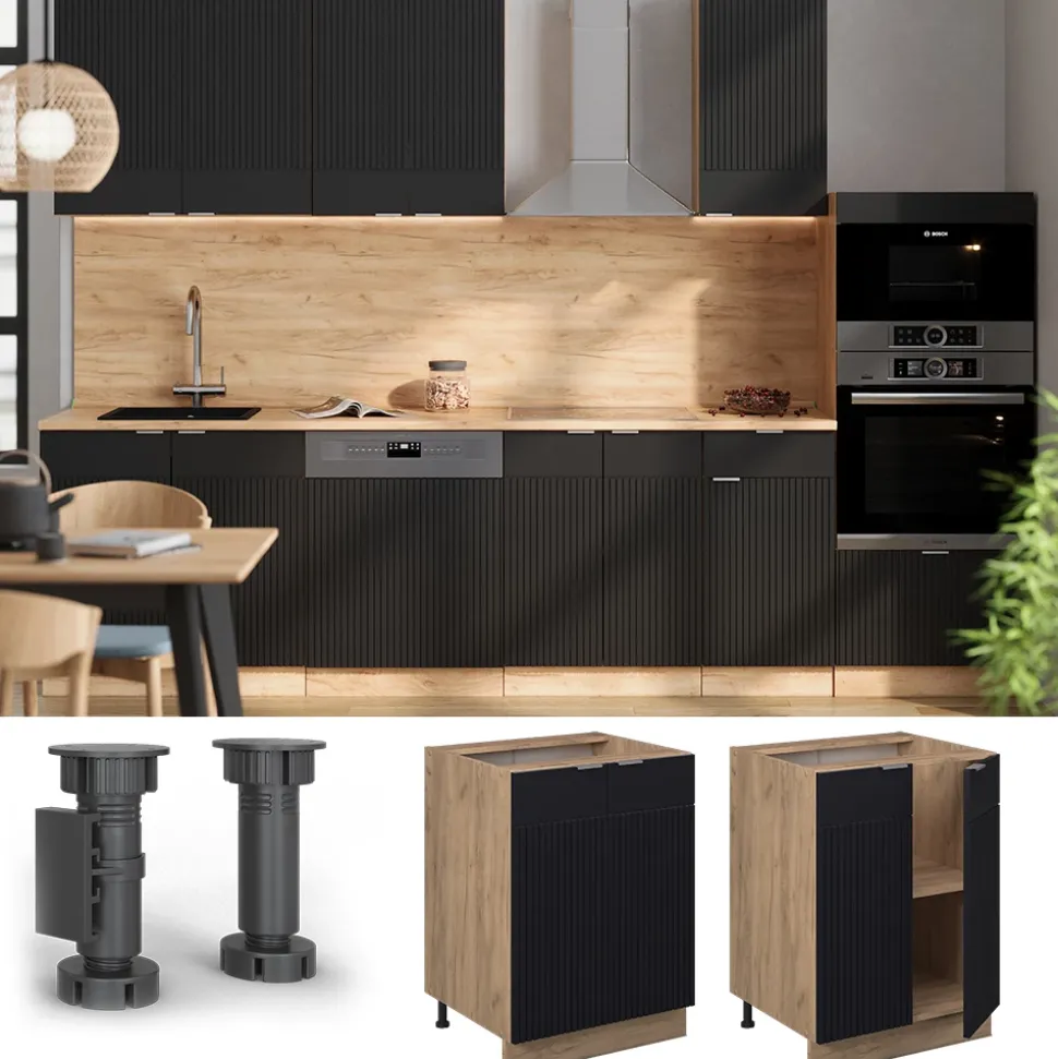 Vicco Küchenunterschrank "Fame-Line", Schwarz gestreift, 60 cm ohne Arbeitsplatte