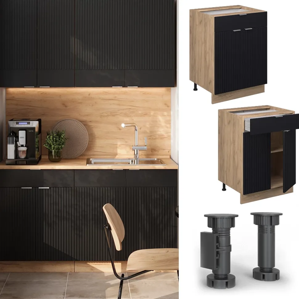 Vicco Küchenunterschrank "Fame-Line", Schwarz gestreift, 60 cm mit Schublade, AP Eiche