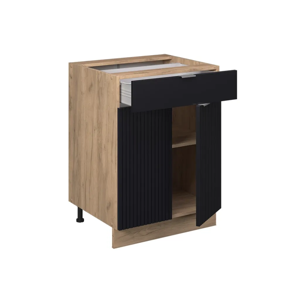 Vicco Küchenunterschrank "Fame-Line", Schwarz gestreift, 60 cm mit Schublade, AP Eiche