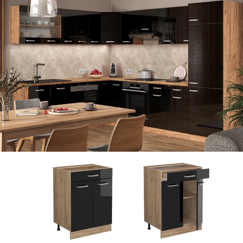 Vicco Küchenunterschrank "R-Line", Schwarz Hochglanz, 60 cm mit Schublade, ohne Arbeitsplatte