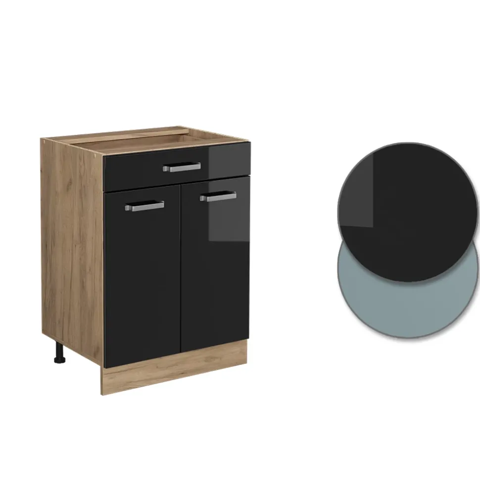 Vicco Küchenunterschrank "R-Line", Schwarz Hochglanz, 60 cm mit Schublade, ohne Arbeitsplatte