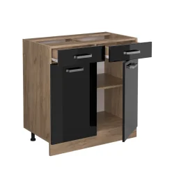 Vicco Küchenunterschrank "R-Line", Schwarz Hochglanz/Goldkraft Eiche, 80 cm ohne Arbeitsplatte