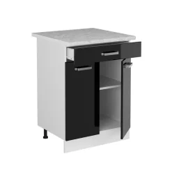 Vicco Küchenunterschrank "R-Line", Schwarz Hochglanz/Weiß, 60 cm mit Schublade, AP Marmor