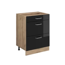 Vicco Küchenunterschrank "R-Line", Schwarz Hochglanz/Goldkraft Eiche, 60 cm mit Schubladen, ohne Arbeitsplatte