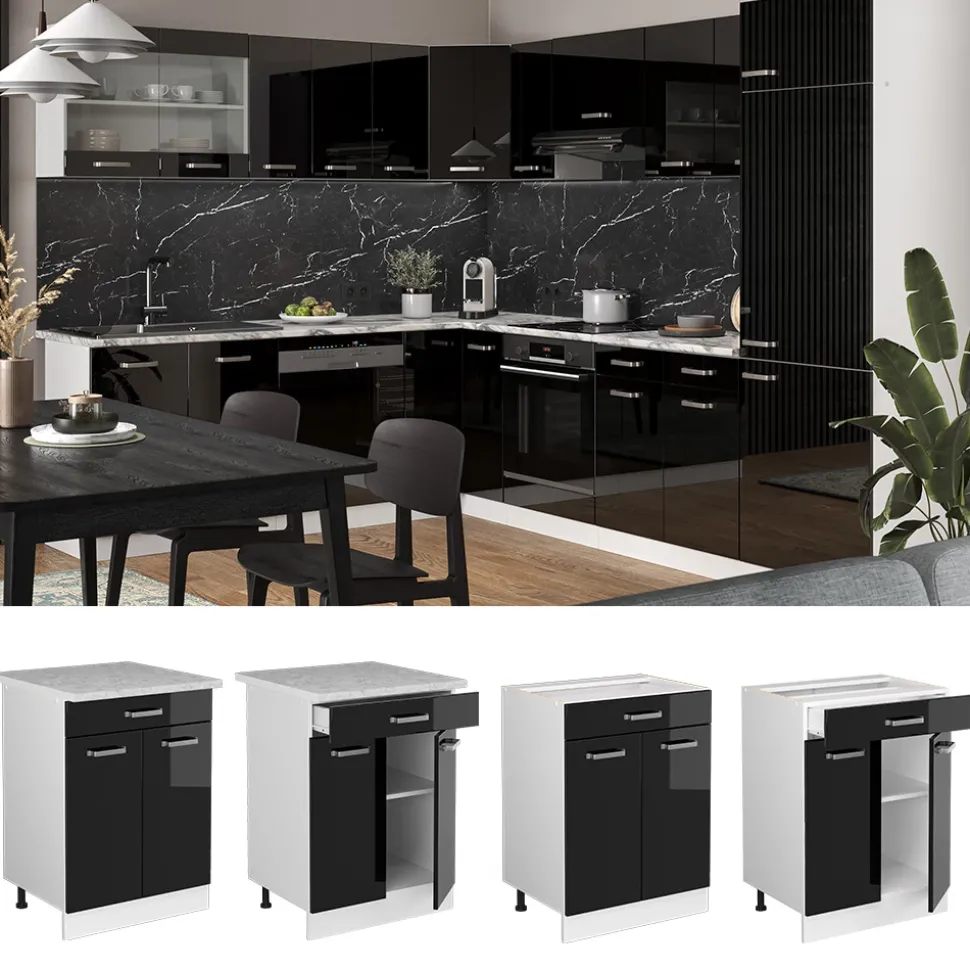 Vicco Küchenunterschrank "R-Line", Schwarz Hochglanz, 60 cm mit Schublade, ohne Arbeitsplatte