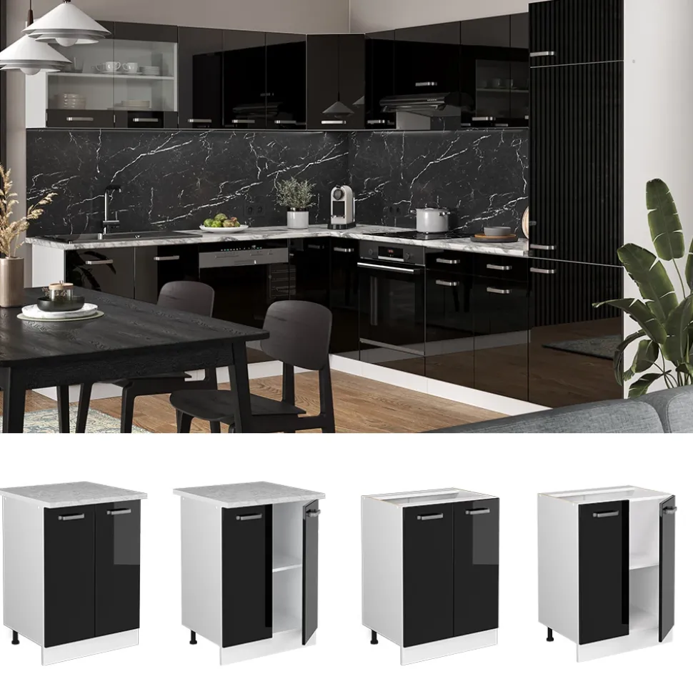 Vicco Küchenunterschrank "R-Line", Schwarz Hochglanz/Weiß, 60 cm ohne Arbeitsplatte