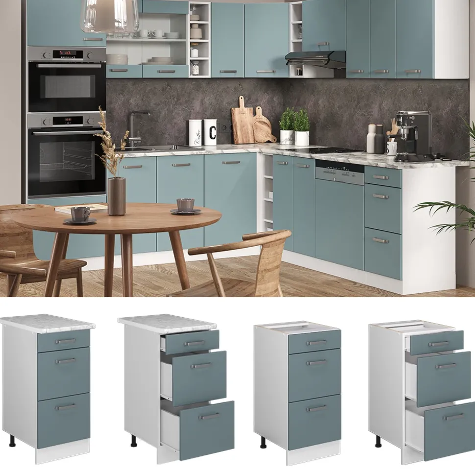 Vicco Küchenunterschrank "R-Line", Blau-Grau/Weiß, 40 cm mit Schubladen, ohne Arbeitsplatte