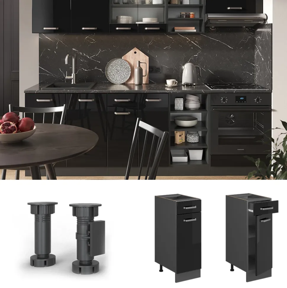 Vicco Küchenunterschrank "R-Line", Schwarz Hochglanz/Anthrazit, 30 cm ohne Arbeitsplatte