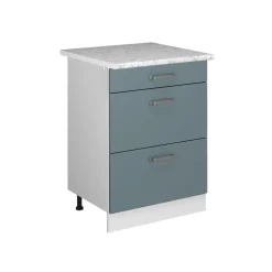 Vicco Küchenunterschrank "R-Line", Blau-Grau/Weiß, 60 cm mit Schubladen, AP Marmor