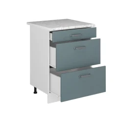 Vicco Küchenunterschrank "R-Line", Blau-Grau/Weiß, 60 cm mit Schubladen, AP Marmor