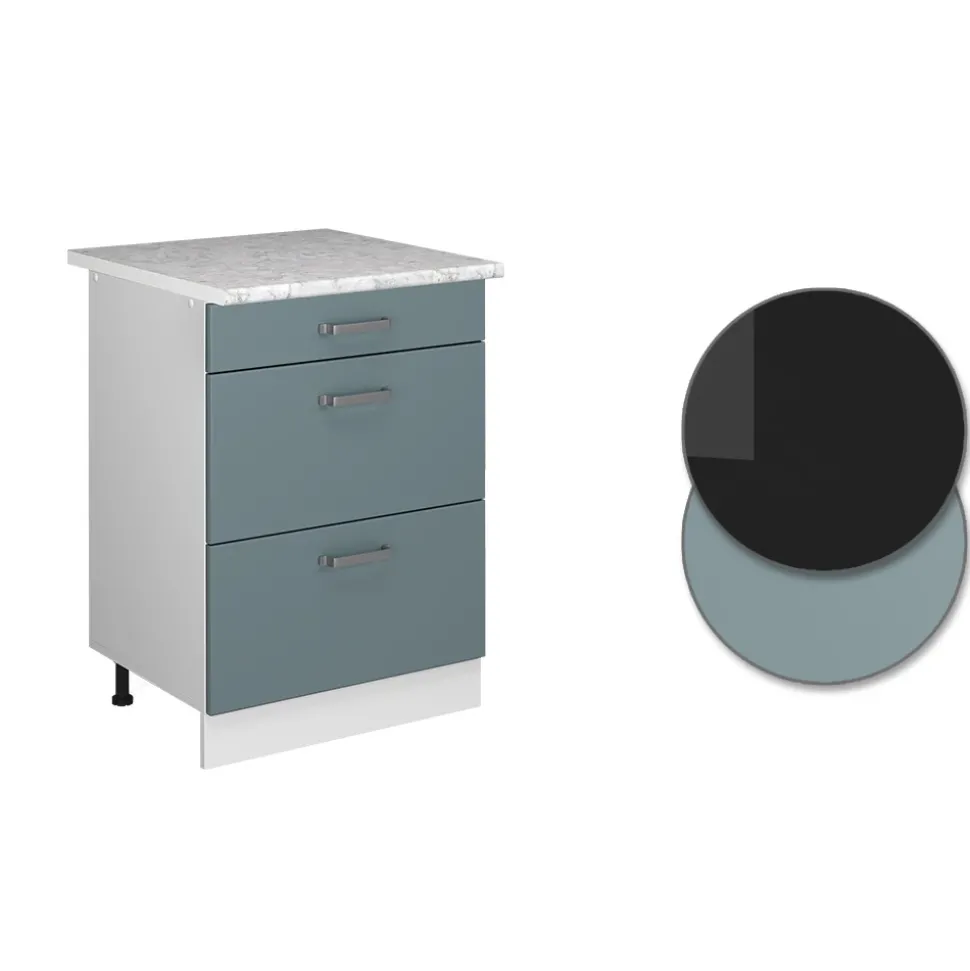 Vicco Küchenunterschrank "R-Line", Blau-Grau/Weiß, 60 cm mit Schubladen, AP Marmor