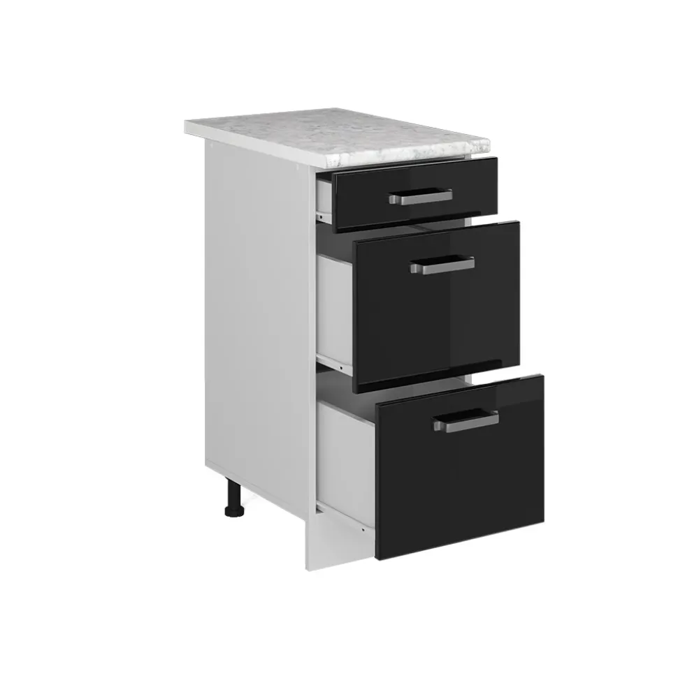 Vicco Küchenunterschrank "R-Line", Schwarz Hochglanz/Weiß, 40 cm mit Schubladen, AP Marmor