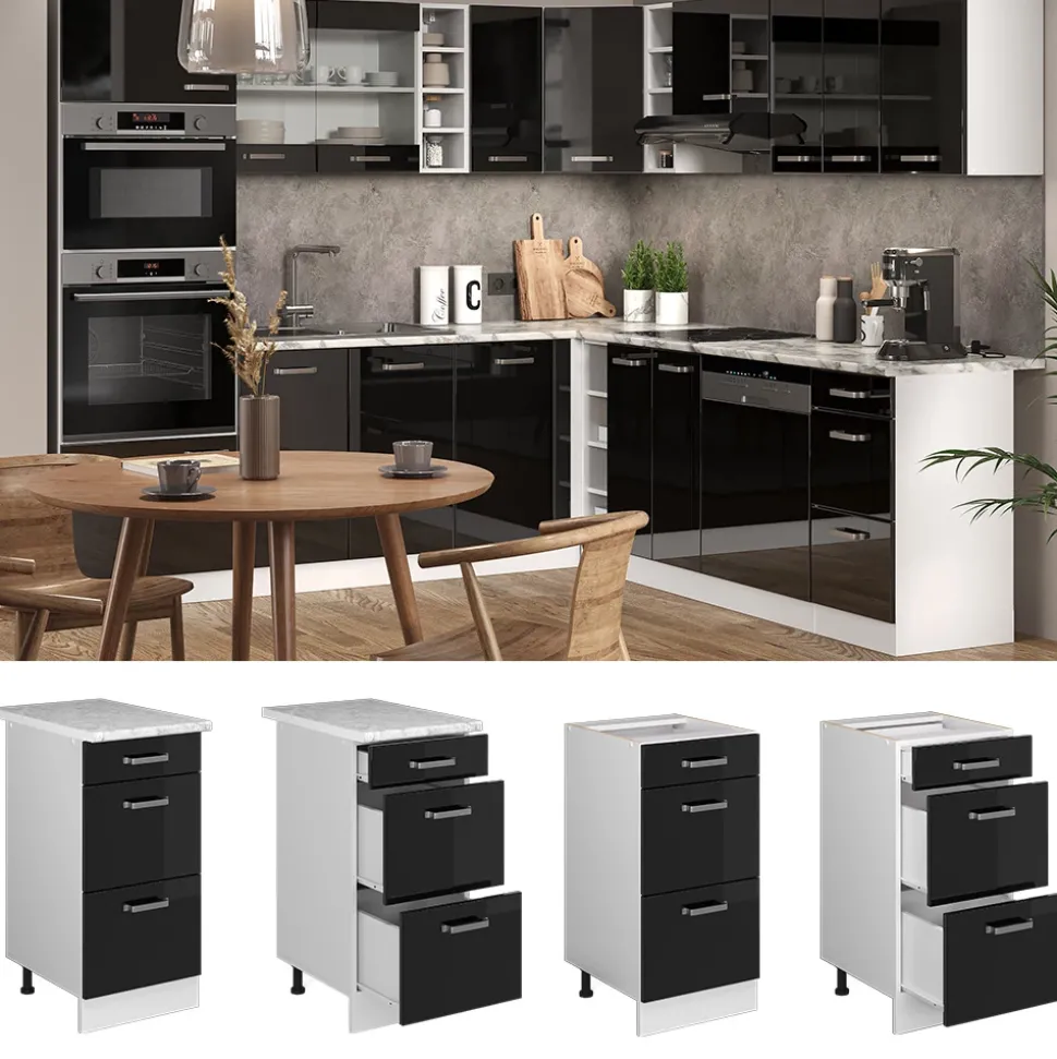 Vicco Küchenunterschrank "R-Line", Schwarz Hochglanz/Weiß, 40 cm mit Schubladen, AP Marmor