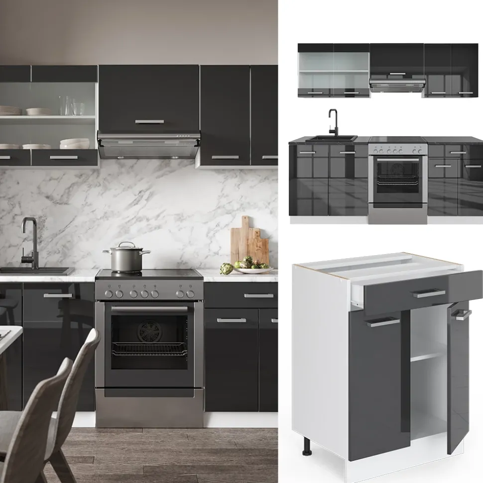 Vicco Küchenzeile "R-Line", Anthrazit Hochglanz/Weiß, 200 cm ohne Arbeitsplatte