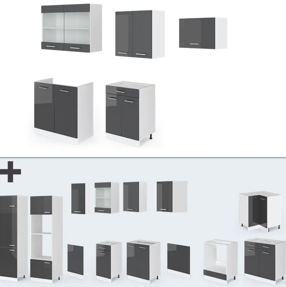 Vicco Küchenzeile "R-Line", Anthrazit Hochglanz/Weiß, 200 cm ohne Arbeitsplatte