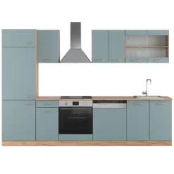 Vicco Küchenzeile "R-Line", Blau-Grau/Goldkraft Eiche, 300 cm ohne Arbeitsplatte