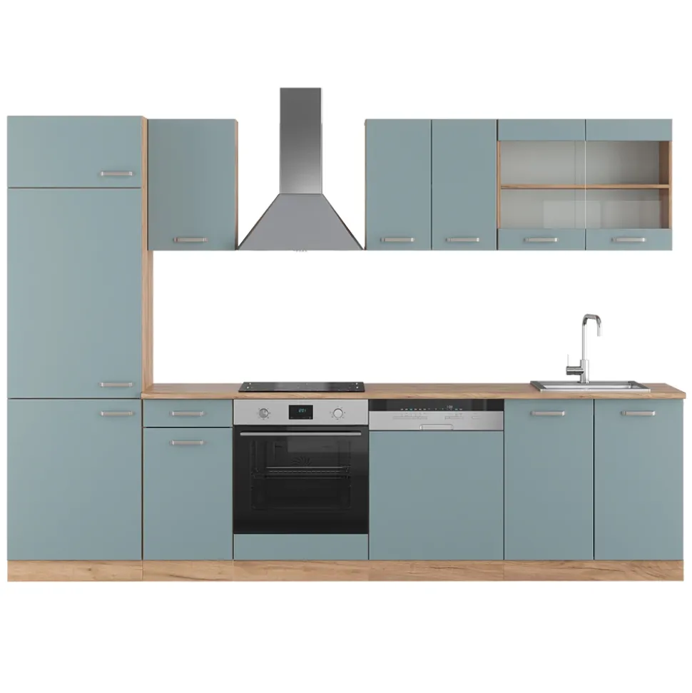 Vicco Küchenzeile "R-Line", Blau-Grau/Goldkraft Eiche, 300 cm ohne Arbeitsplatte