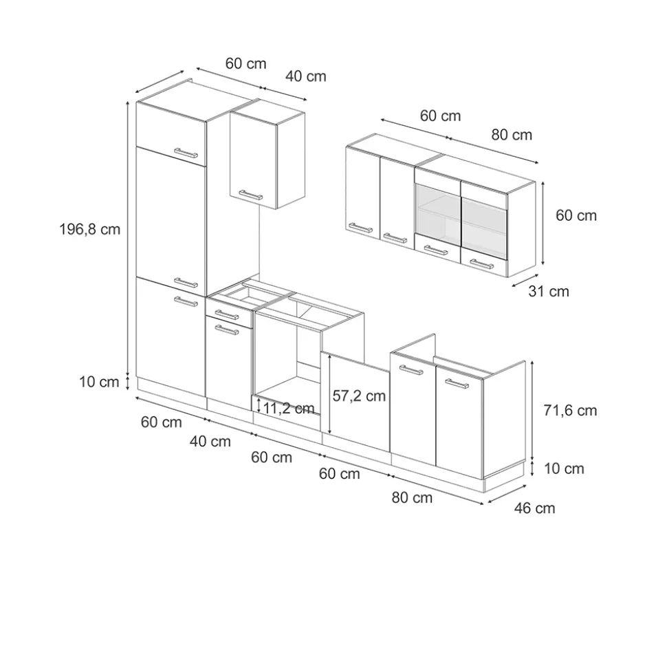 Vicco Küchenzeile "R-Line", Blau-Grau/Goldkraft Eiche, 300 cm ohne Arbeitsplatte