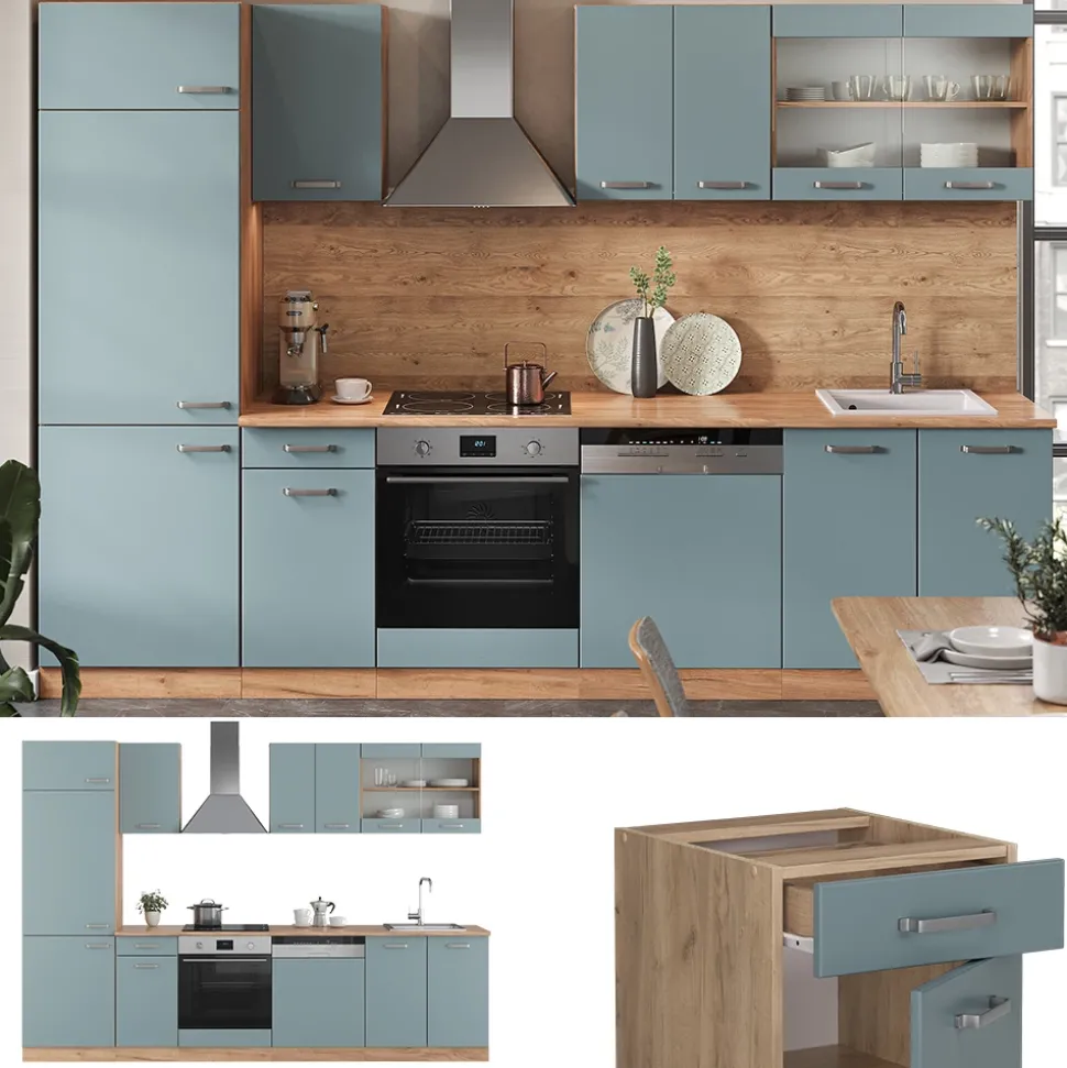 Vicco Küchenzeile "R-Line", Blau-Grau/Goldkraft Eiche, 300 cm ohne Arbeitsplatte