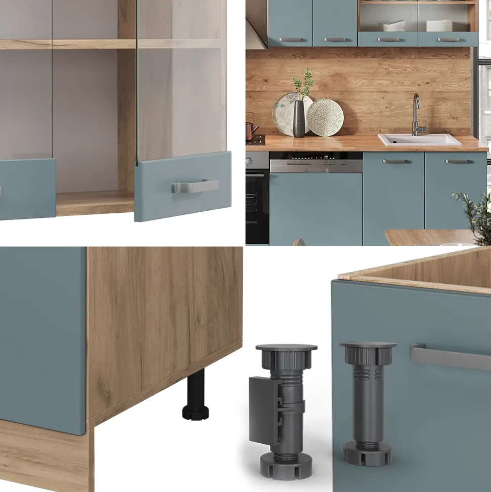 Vicco Küchenzeile "R-Line", Blau-Grau/Goldkraft Eiche, 300 cm ohne Arbeitsplatte