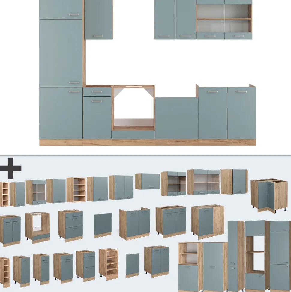 Vicco Küchenzeile "R-Line", Blau-Grau/Goldkraft Eiche, 300 cm ohne Arbeitsplatte