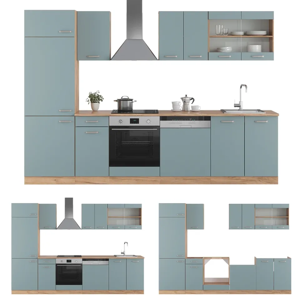 Vicco Küchenzeile "R-Line", Blau-Grau/Goldkraft Eiche, 300 cm ohne Arbeitsplatte