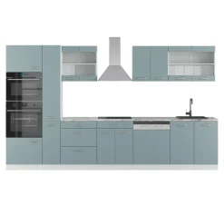 Vicco Küchenzeile "R-Line", Blau-Grau/Weiß, 350 cm mit Hochschrank, AP Marmor