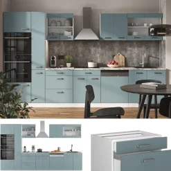 Vicco Küchenzeile "R-Line", Blau-Grau/Weiß, 350 cm mit Hochschrank, AP Marmor