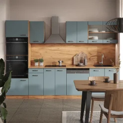 Vicco Küchenzeile "R-Line", Blau-Grau/Goldkraft Eiche, 300 cm mit Hochschrank, ohne Arbeitsplatte