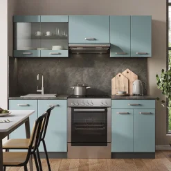 Vicco Küchenzeile "R-Line", Blau-Grau/Anthrazit, 200 cm ohne Arbeitsplatte