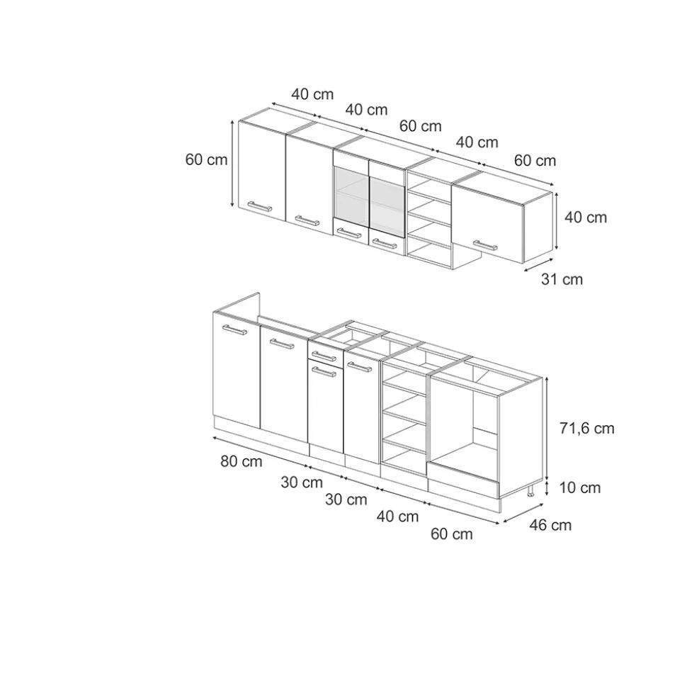 Vicco Küchenzeile "R-Line", Blau-Grau/Goldkraft Eiche, 240 cm ohne Arbeitsplatte